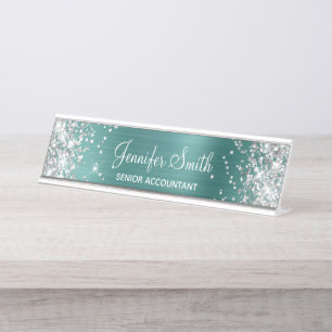 Porte-nom Pour Bureau Fille Glittery Argent Faux Aqua Turquoise Foil