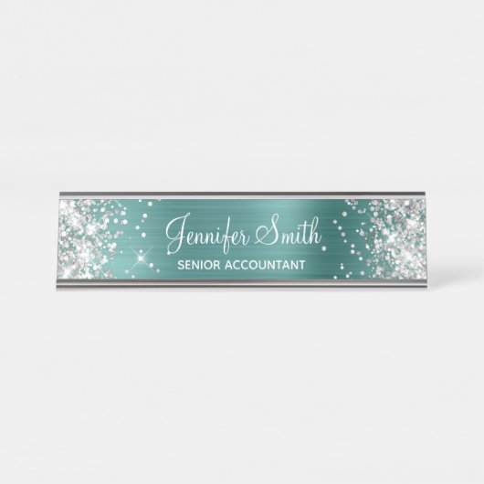 Porte-nom Pour Bureau Fille Glittery Argent Faux Aqua Turquoise Foil (Devant)