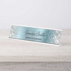 Porte-nom Pour Bureau Fille Glittery Argent Faux Bleu Léger Foil