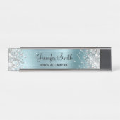 Porte-nom Pour Bureau Fille Glittery Argent Faux Bleu Léger Foil (Devant)