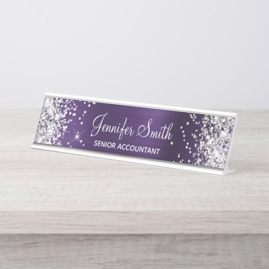Porte-nom Pour Bureau Fille Glittery Argent Faux Dark Violet Foil (Devant)