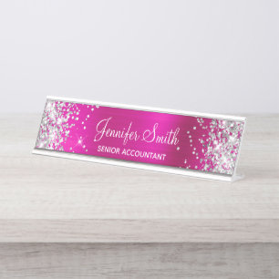 Porte-nom Pour Bureau Fille Glittery Argent Faux Hot Rose Foil