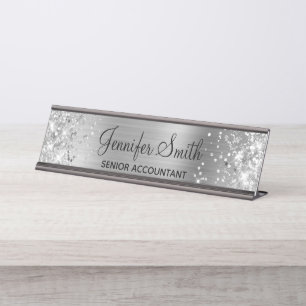 Porte-nom Pour Bureau Fille Glittery Faux Silver Foil
