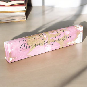 Porte-nom Pour Bureau Fille laveuse rose et or