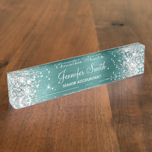 Porte-nom Pour Bureau Fille Parties scintillant Argent Faux Aqua Turquoi
