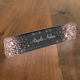 Porte-nom Pour Bureau Fille Rose brillant Parties scintillant d'or noir