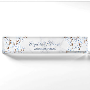 Porte-nom Pour Bureau Fleur de cerisier blanc bleu marbre