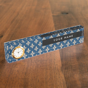 Porte-nom Pour Bureau Fleur de Lis, Beige sur Bleu Nuit, Royal, Votre No