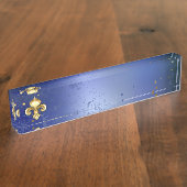 Porte-nom Pour Bureau Fleur de Lis dorée sur fond bleu (Taille)