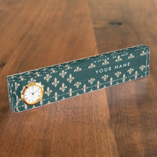 Porte-nom Pour Bureau Fleur de Lis Motif, Français, Royal, Crème, Vert
