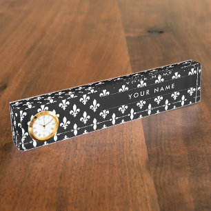 Porte-nom Pour Bureau Fleur de Lis Motif, française, royale, blanche