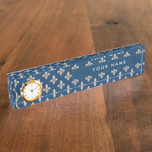 Porte-nom Pour Bureau Fleur de Lis Motif, française, royale, crème, bleu (Taille)