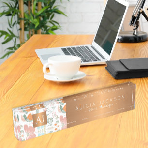 Porte-nom Pour Bureau Fleur sauvage pêche motif cuivre or monogrammé
