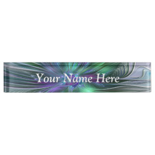 Porte-nom Pour Bureau Fleur vert violet Texte Abstrait fractal moderne