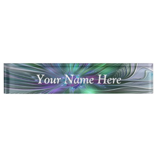 Porte-nom Pour Bureau Fleur vert violet Texte Abstrait fractal moderne (Devant)