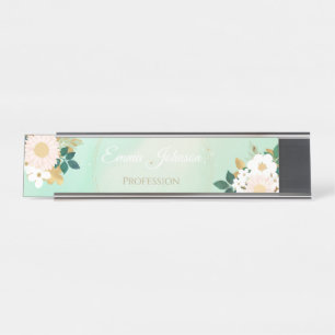 Porte-nom Pour Bureau Fleurs blanches romantiques Conception de l'aquare