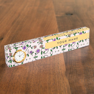 Porte-nom Pour Bureau Fleurs Colorées, Fond Rose, Jaune