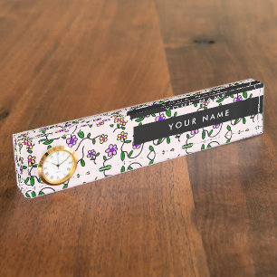 Porte-nom Pour Bureau Fleurs Colorées, Fond Rose, Noir