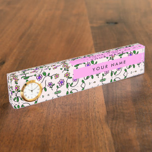 Porte-nom Pour Bureau Fleurs Colorées, Fond Rose, Rose