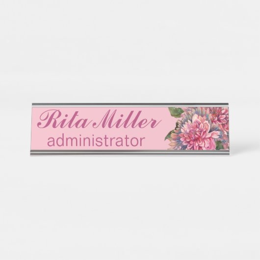 Porte-nom Pour Bureau Fleurs Dahlia roses (Devant)