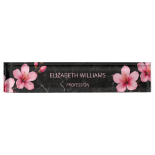 Porte-nom Pour Bureau Fleurs de cerisier rose sur marbre noir