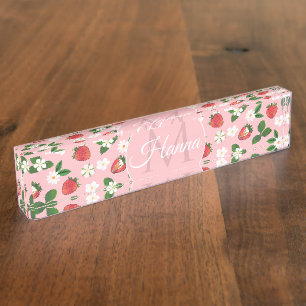 Porte-nom Pour Bureau Fleurs de fraises sucrées Aquarelle Florale
