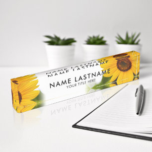 Porte-nom Pour Bureau Fleurs de soleil jaunes Floral Botanique Blanc Tit