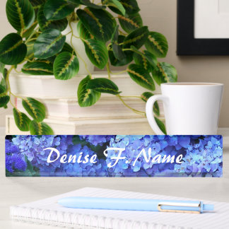 Porte-nom Pour Bureau Fleurs d'Hydrangea Bleu Personnalisées Florales
