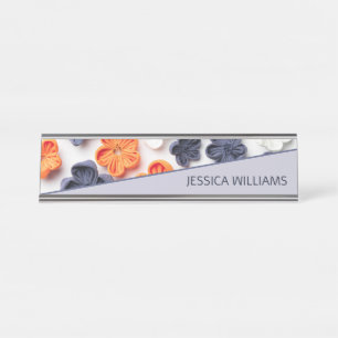 Porte-nom Pour Bureau Fleurs en tissu cousu à la main printemps orange b