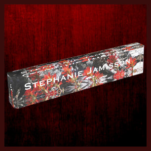 Porte-nom Pour Bureau Fleurs rouges, Fleurs sauvages et rochers, Nom, Ac