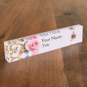 Porte-nom Pour Bureau FLORAL ÉLÉGANT, ROSE de ROSE, lilas de MONOGRAMME