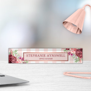 Porte-nom Pour Bureau Floral moderne Bourgogne rose rayures Aquarelle