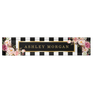 Porte-nom Pour Bureau Floral vintage Girly avec des rayures de blanc de
