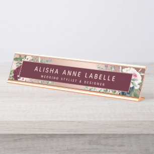 Porte-nom Pour Bureau Floral Watercolor Blossoms Rose Gold & Bourgogne
