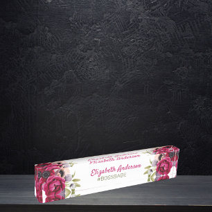 Porte-nom Pour Bureau Floraux luxuriants bordeaux nom de bébé blanc