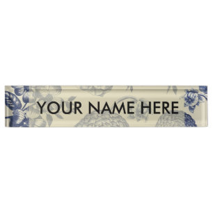 Porte-nom Pour Bureau Flore d'impression florale de fleurs bleues antiqu