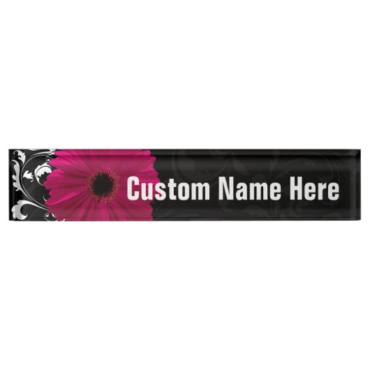 Porte-nom Pour Bureau Fuchsia Gerbera Daisy Black/White Swirl (Devant)