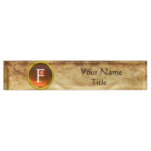 Porte-nom Pour Bureau GEM MONOGRAM, ORANGE SAPPHIRE, parchemin