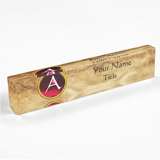 Porte-nom Pour Bureau GEM MONOGRAM, ROUGE RUBY, parchemin