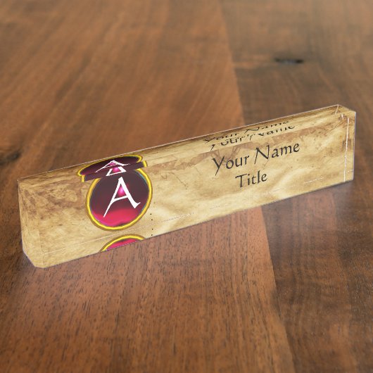 Porte-nom Pour Bureau GEM MONOGRAM, ROUGE RUBY, parchemin (Taille)