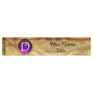 Porte-nom Pour Bureau GEMME MONOGRAMME, AMÉTHYSTE VIOLETTE, parchemin
