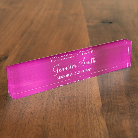 Porte-nom Pour Bureau Girly Faux Hot Pink Foil Name and Job Title (Taille)