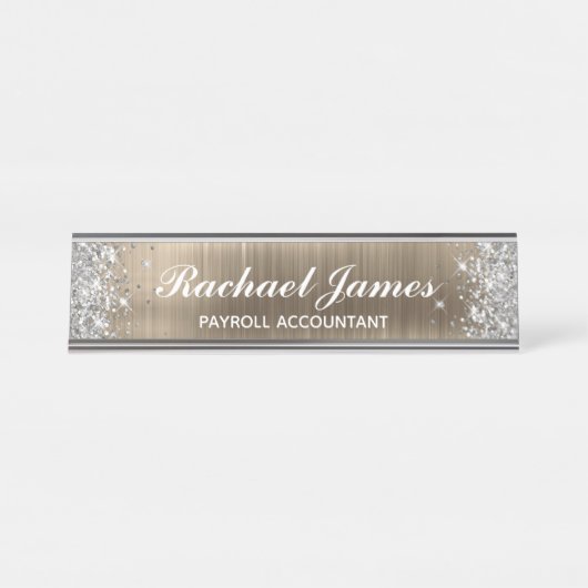Porte-nom Pour Bureau Glitter Argent Classique Feuille de Faux Or (Devant)