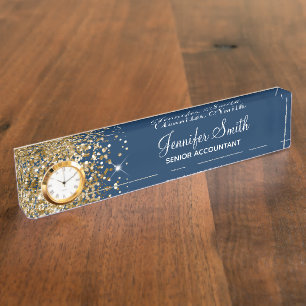 Porte-nom Pour Bureau Glittery Gold Glam Marine Blue