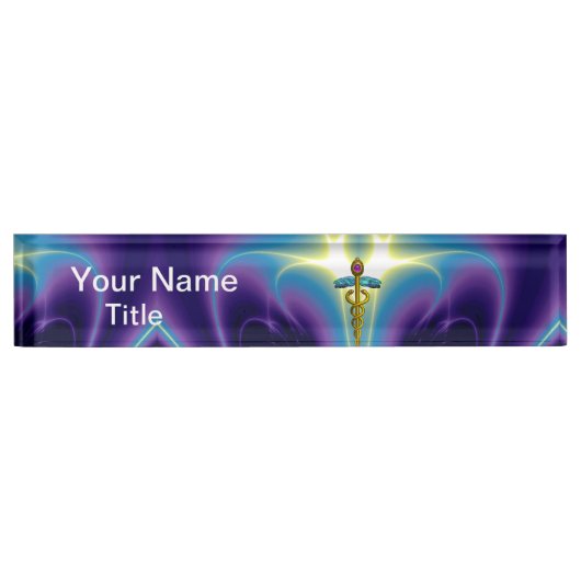Porte-nom Pour Bureau GOLD CADUCEUS, amétyste bleu violet vif (Devant)
