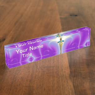 Porte-nom Pour Bureau GOLD CADUCEUS, amétyste bleu violet vif