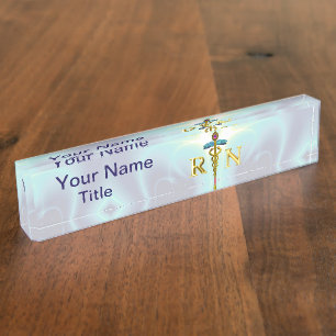 Porte-nom Pour Bureau GOLD CADUCEUS SYMBOLE INFIRMIER INSCRIT Bleu clair