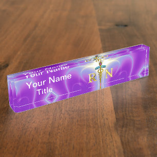 Porte-nom Pour Bureau GOLD CADUCEUS SYMBOLE INFIRMIER INSCRIT Pink Purpl