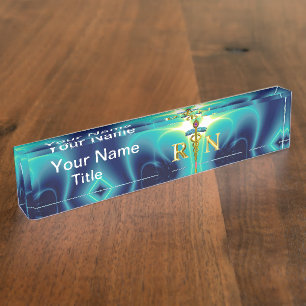 Porte-nom Pour Bureau GOLD CADUCEUS SYMBOLE INFIRMIER INSCRIT Turquoise