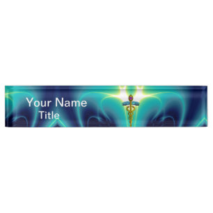 Porte-nom Pour Bureau GOLD CADUCEUS, Vibrant bleu turquoise